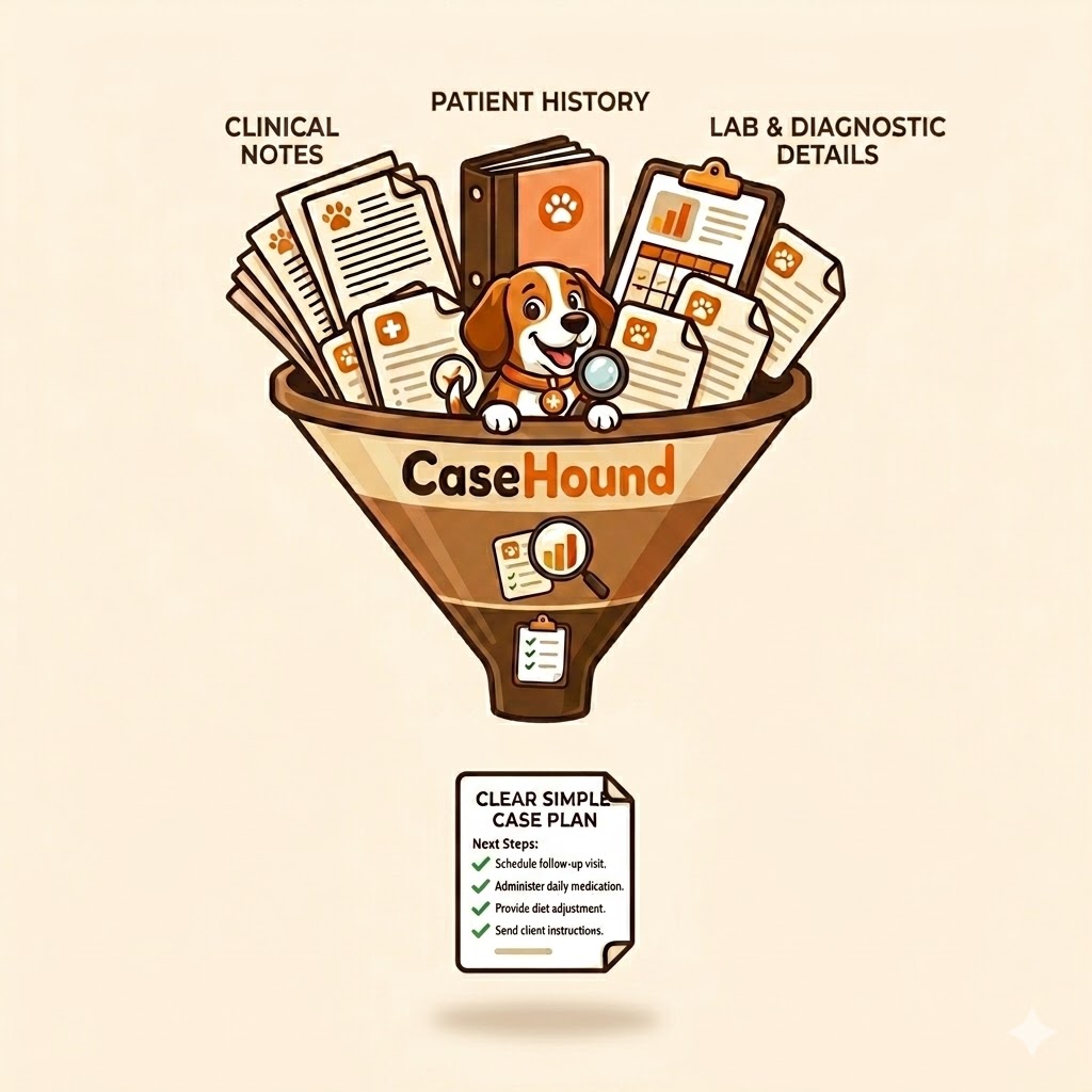 CaseHound funnel: records in, clear case plan out